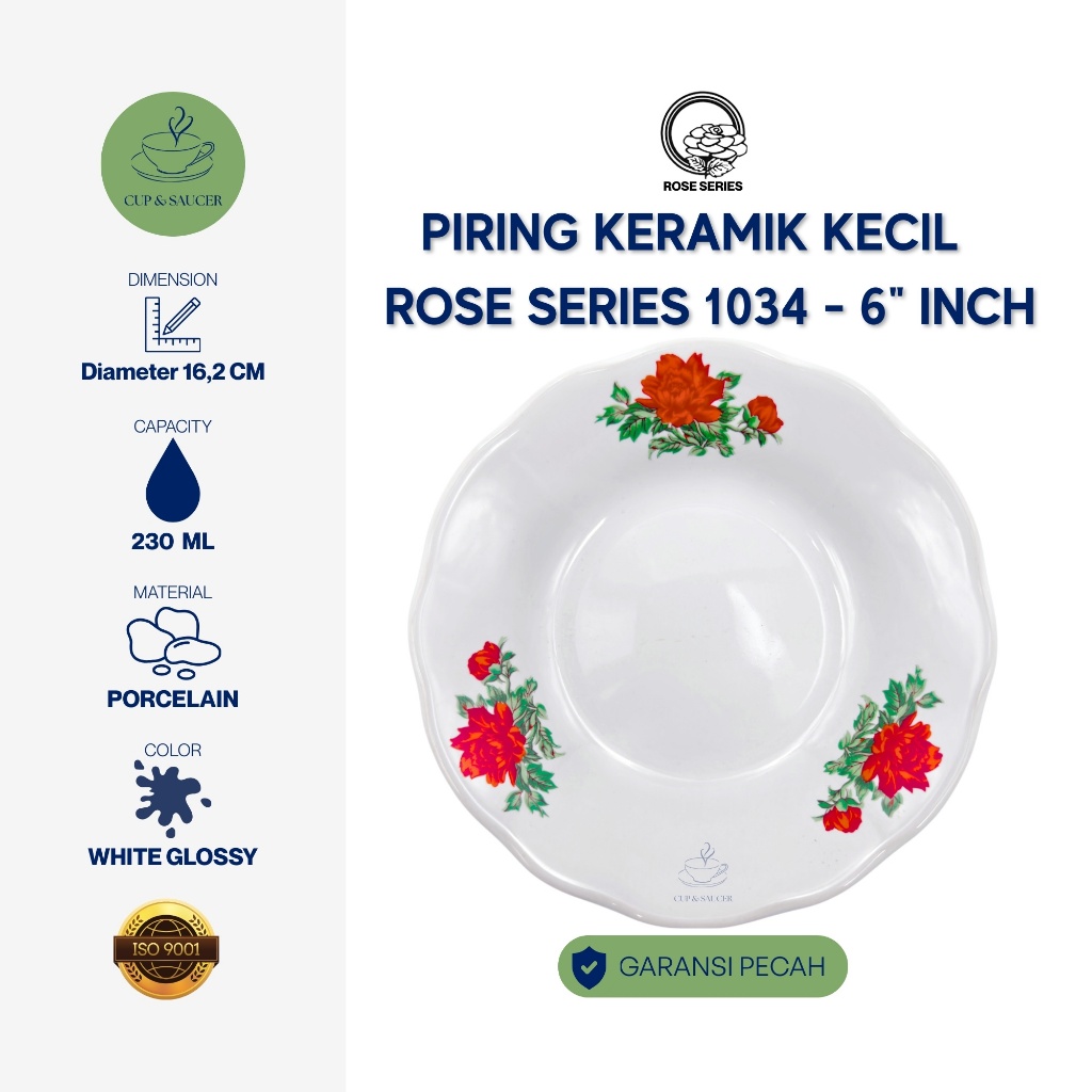 Lucky Piring Saji Keramik Kecil Rose Series 1034 6 Inch Motif Bunga Merah Putih Plate Dessert Snack 