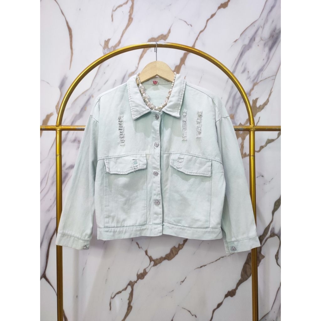 Ripped Jeans denim Jacket Sage Mint size XL 108-112 koleksi pribadi