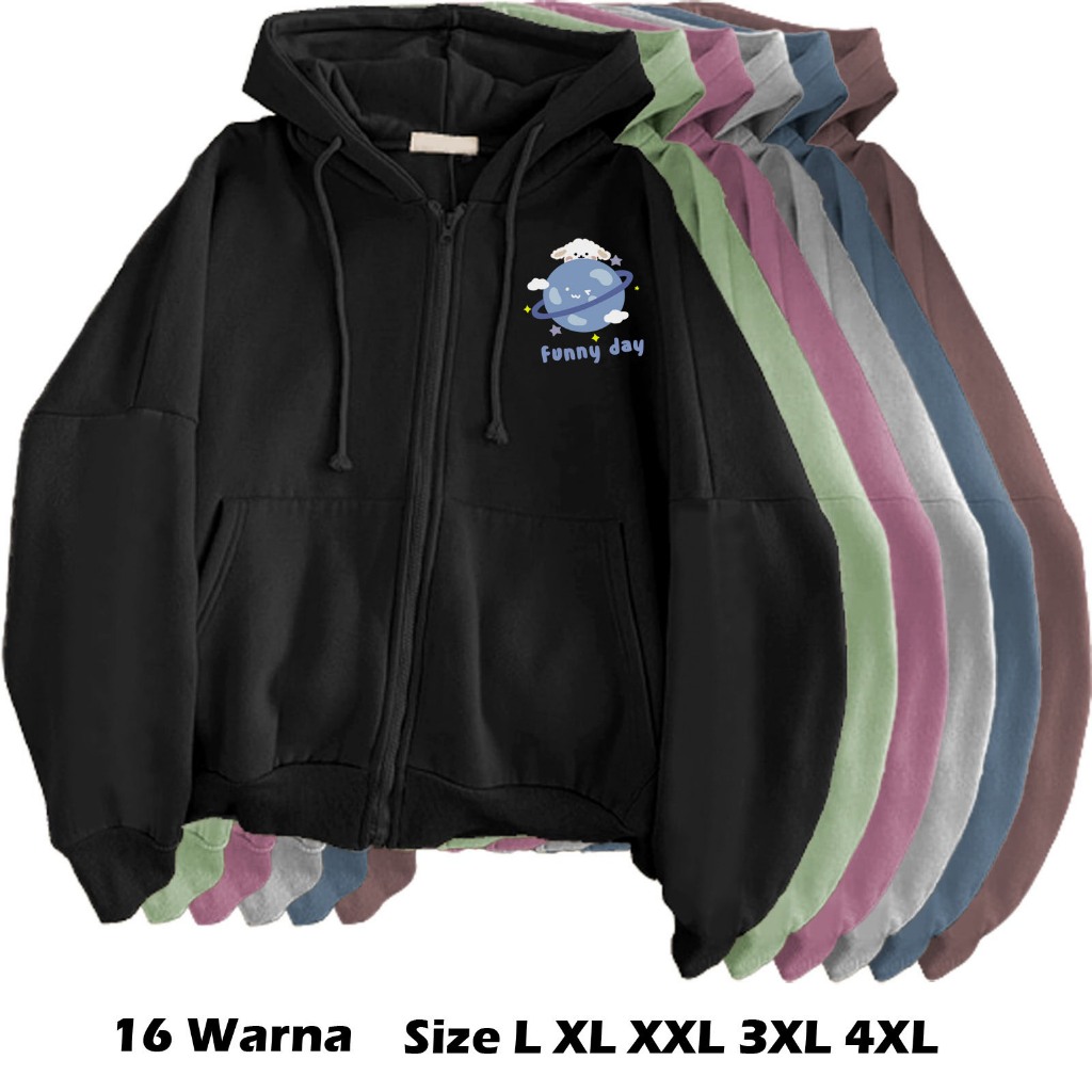 Hoodie wanita resleting Funny Day jaket fleece resleting jaket sleting kekinian jaket jumbo oversize
