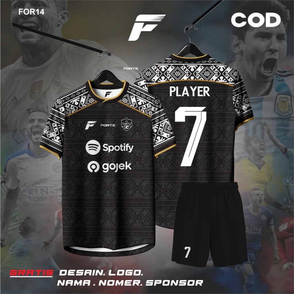 JERSEY FUTSAL BOLA PRINTING CUSTOM NAMA NOMER DAN LOGO MOTIF BATIK HITAM GARIS GOLD