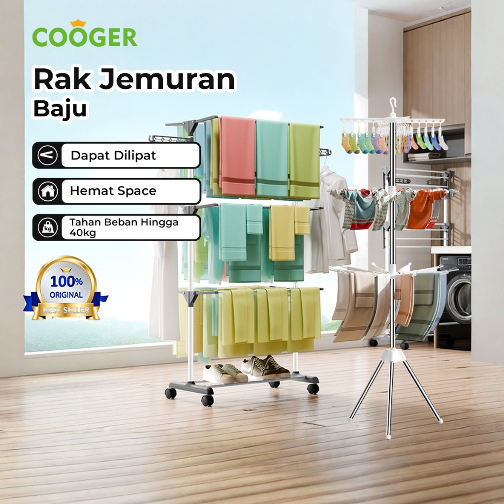 COOGER Jemuran Baju Bayi 3 Tingkat Portable Kapasitas Besar Gantungan Baju Berdiri Jemuran Handuk Je