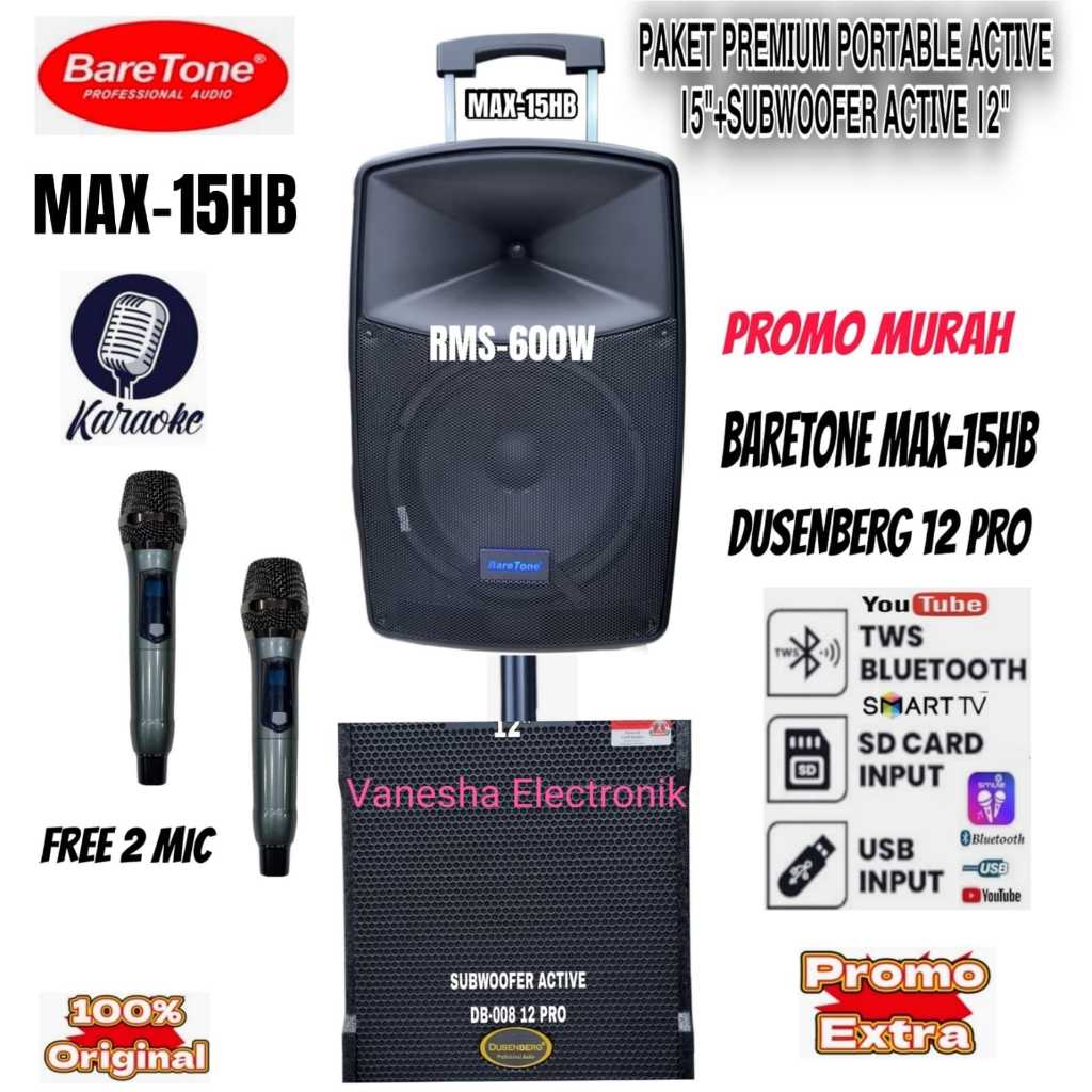 Paket Premium Outdoor Indoor Speaker Portable Baretone MAX15HB+ Subwoofer 12 Inch Original