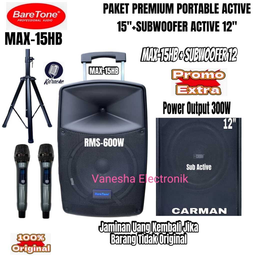 Paket Sound System Speaker Portable Baretone MAX15HB + Subwoofer 12 Inch Original Kualitas Premium