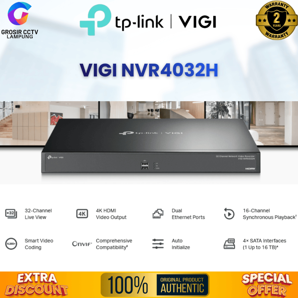 TP-LINK VIGI 32 Channel Network Video Recorder Non-PoE 4K 4 SATA H.265 IP Camera 16-ch@2MP/ 8-ch@4MP