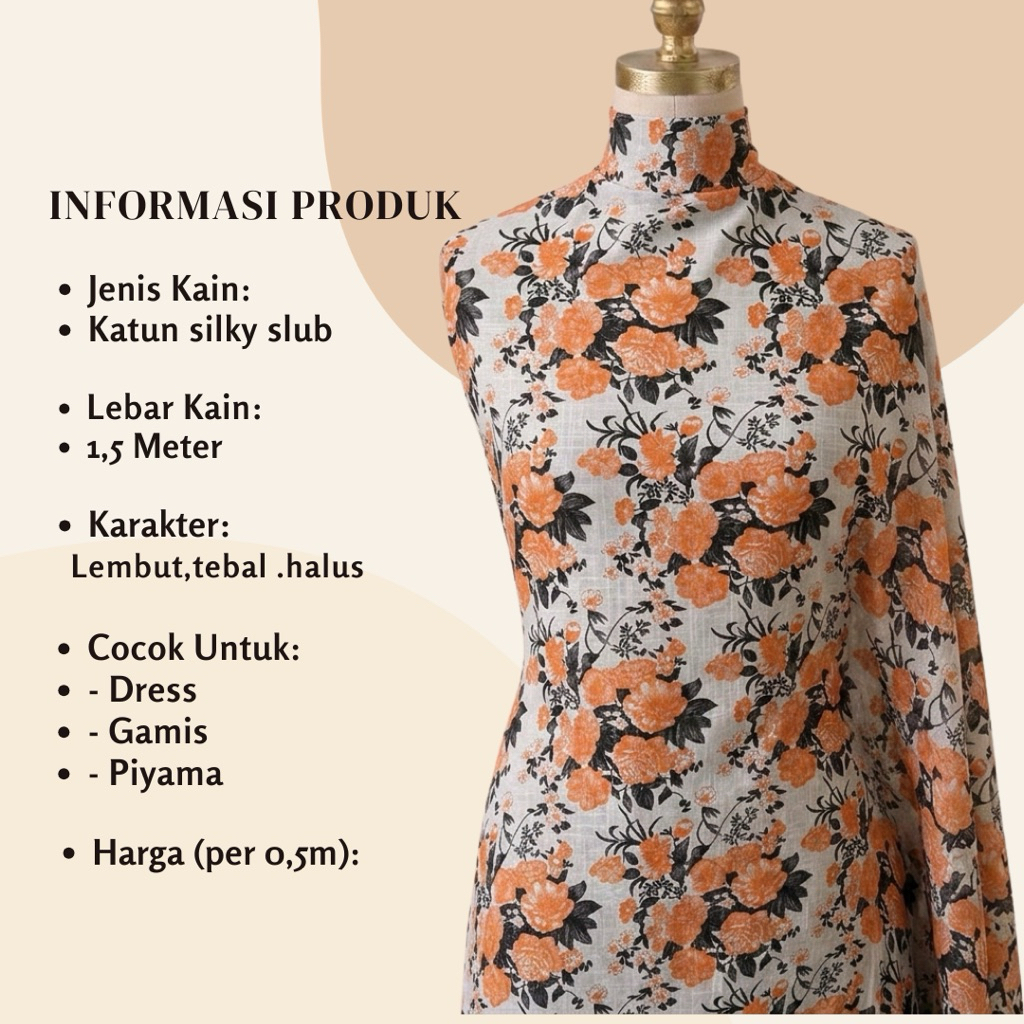 kain katun silky slub premium motif bunga orange