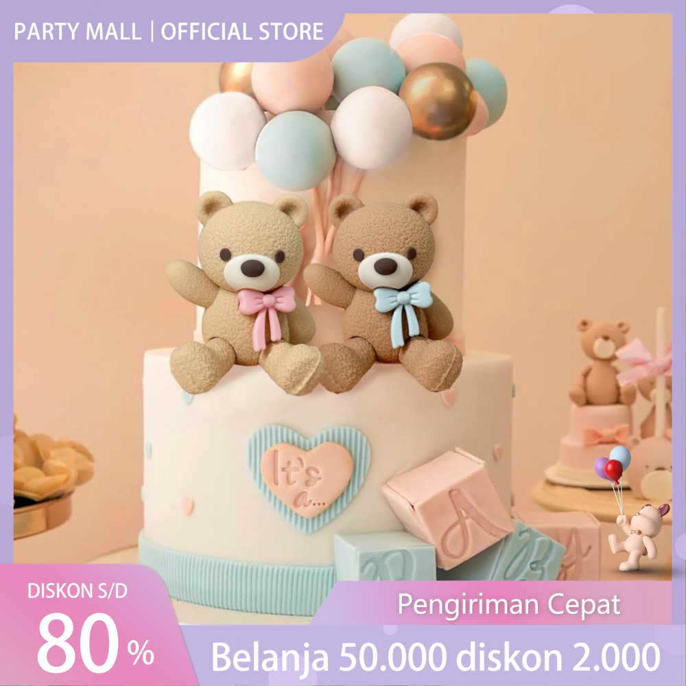 Hiasan Kue Happy Birthday Teddy Bear Mewah / Topper Cake Beruang Coklat Pastel / Dekorasi Pesta Ulta