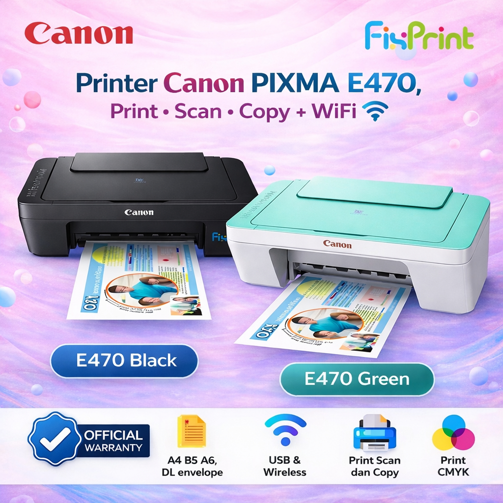 Printer Canon PIXMA E470 Black / Green Wireless AIO Multifungsi Garansi Resmi - Pengganti E410
