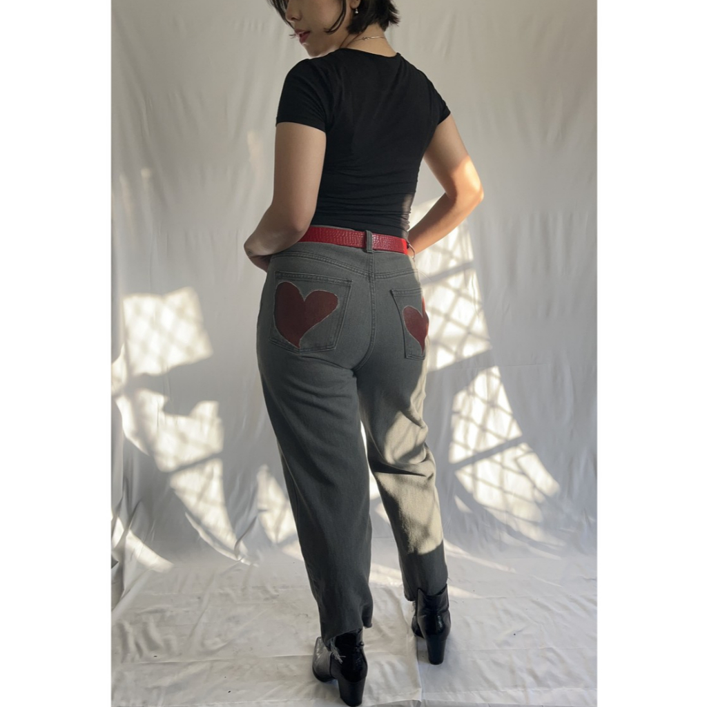 Hand-painted Hearts on Denim Jeans | Celana Panjang Jeans Abu | Reworked Denim Jeans | Reworked Pant
