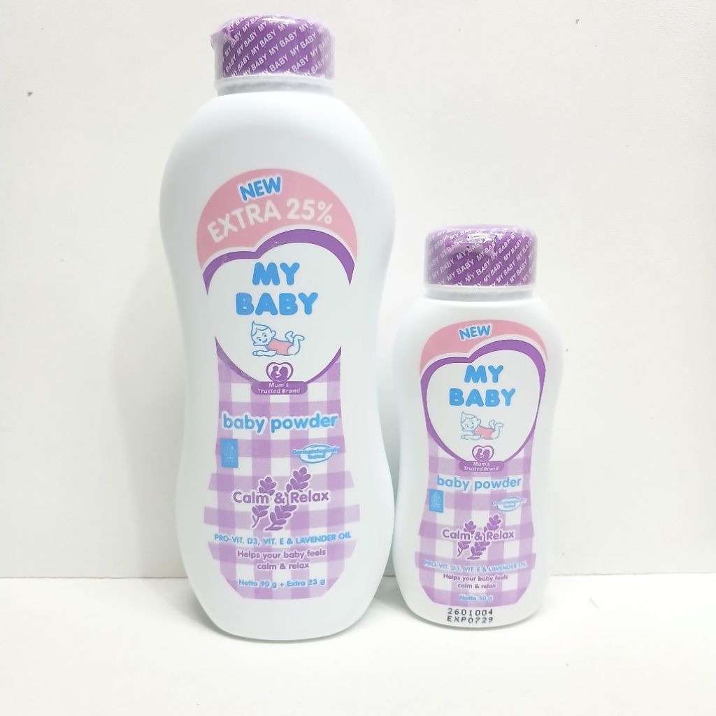 buy get 1 ) bedak my baby baby powder calm & relax 90gr extra 23gr + bedak kemasan kecil 50gr