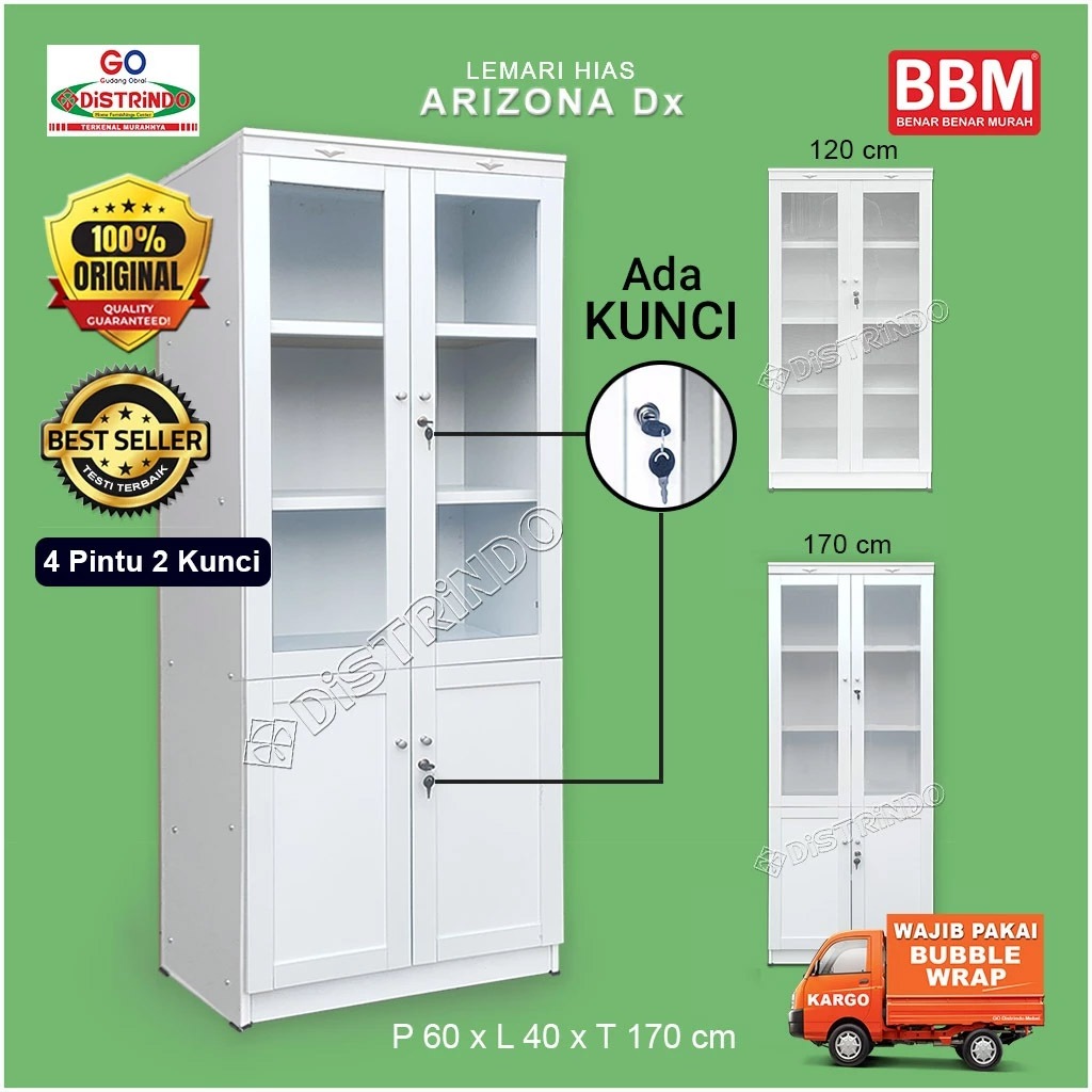 Distrindo - Lemari Hias/Rak buku multifungsi Full white 2 pintu kaca & 2 pintu kayu PB