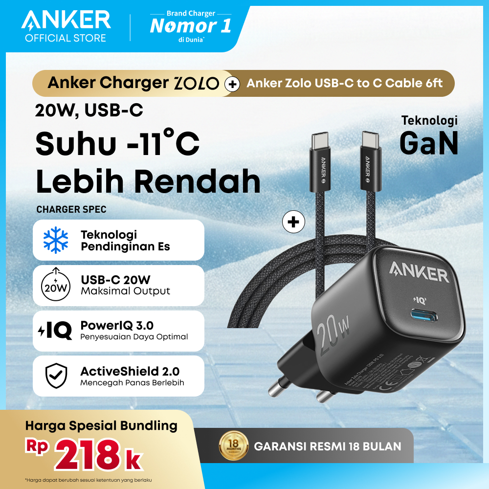Anker Zolo GaN 30W 20W Adaptor Kepala Charger iPhone 17 16 15 14 13 Samsung Type C PD Ice-Cooled Fas