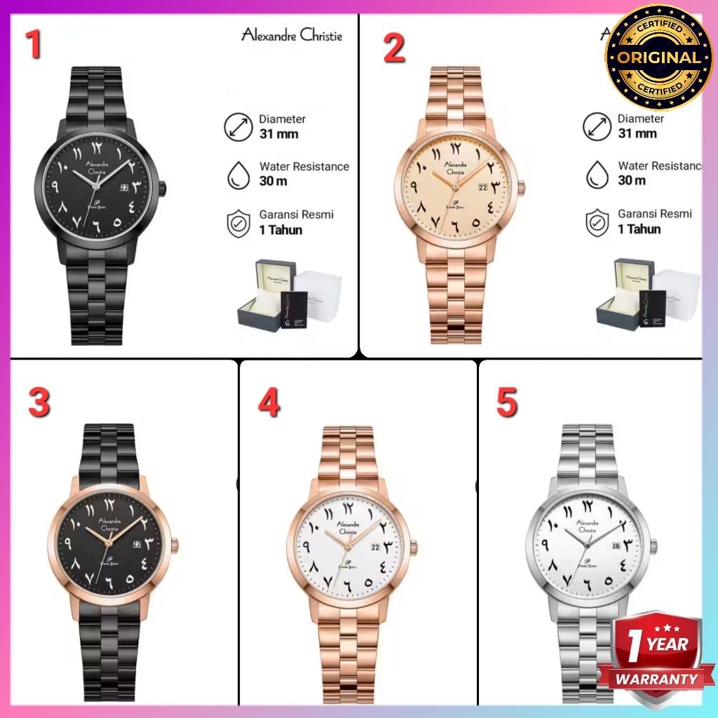 ORIGINAL GARANSI RESMI 1 TAHUN JAM TANGAN WANITA ALEXANDRE CHRISTIE ARABIC RANTAI STAINLESS STEEL AR