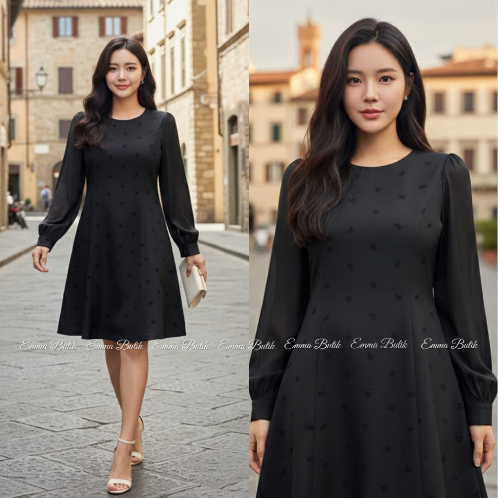Emma.Butik E00753 Gaun Hitam Pesta Wanita Midi Dress Formal Gereja Kondangan Lengan Panjang Crewneck