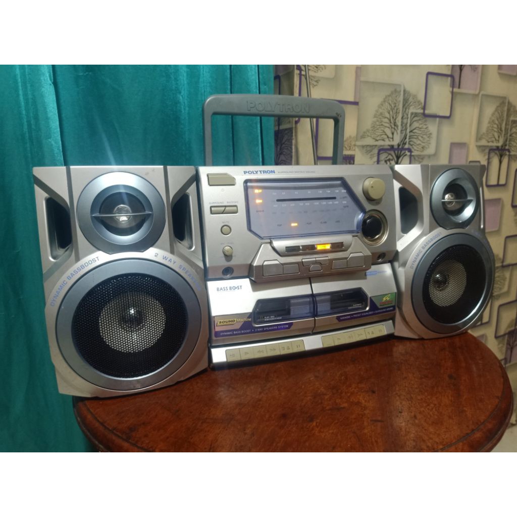 compo polytron bass bost radio tape B aux normal baca deskripsi