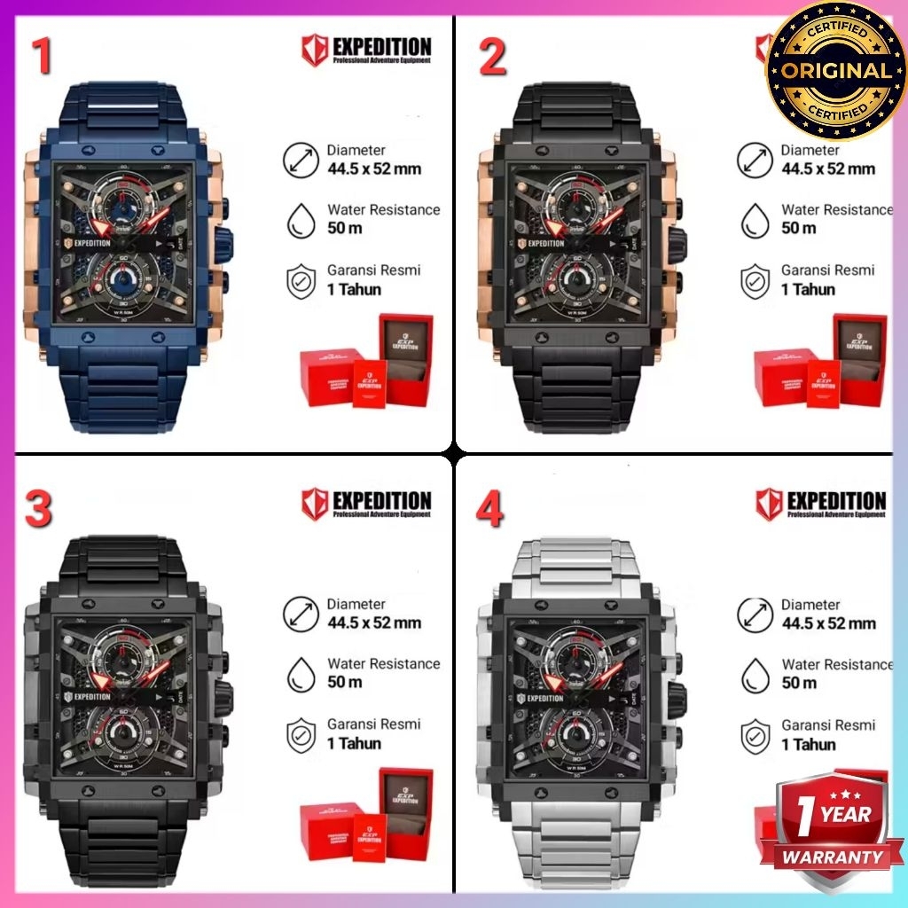 ORIGINAL GARANSI RESMI 1 TAHUN JAM TANGAN PRIA EXPEDITION CHRONOGRAPH COWOK ANALOG RANTAI STAINLESS 