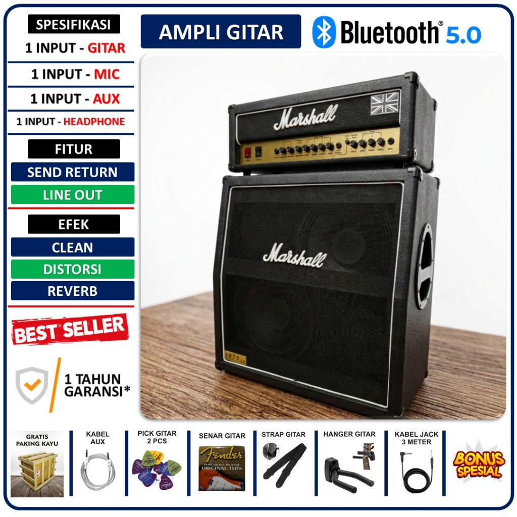 Ampli Gitar & Bass 2x12 Inch Bluetooth bisa untuk karaoke Marshall 3 Input Head Cabinet Bonus Kabel 