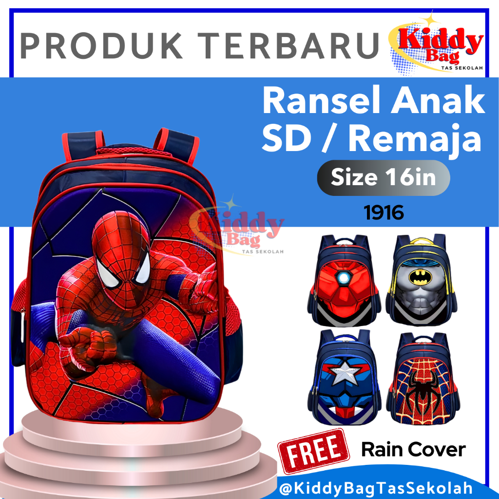 Kiddy Bag Tas Ransel Anak SD Import Karakter Spide Iron Kaptan Batman 6D Bagian Depan Timbul Size 16