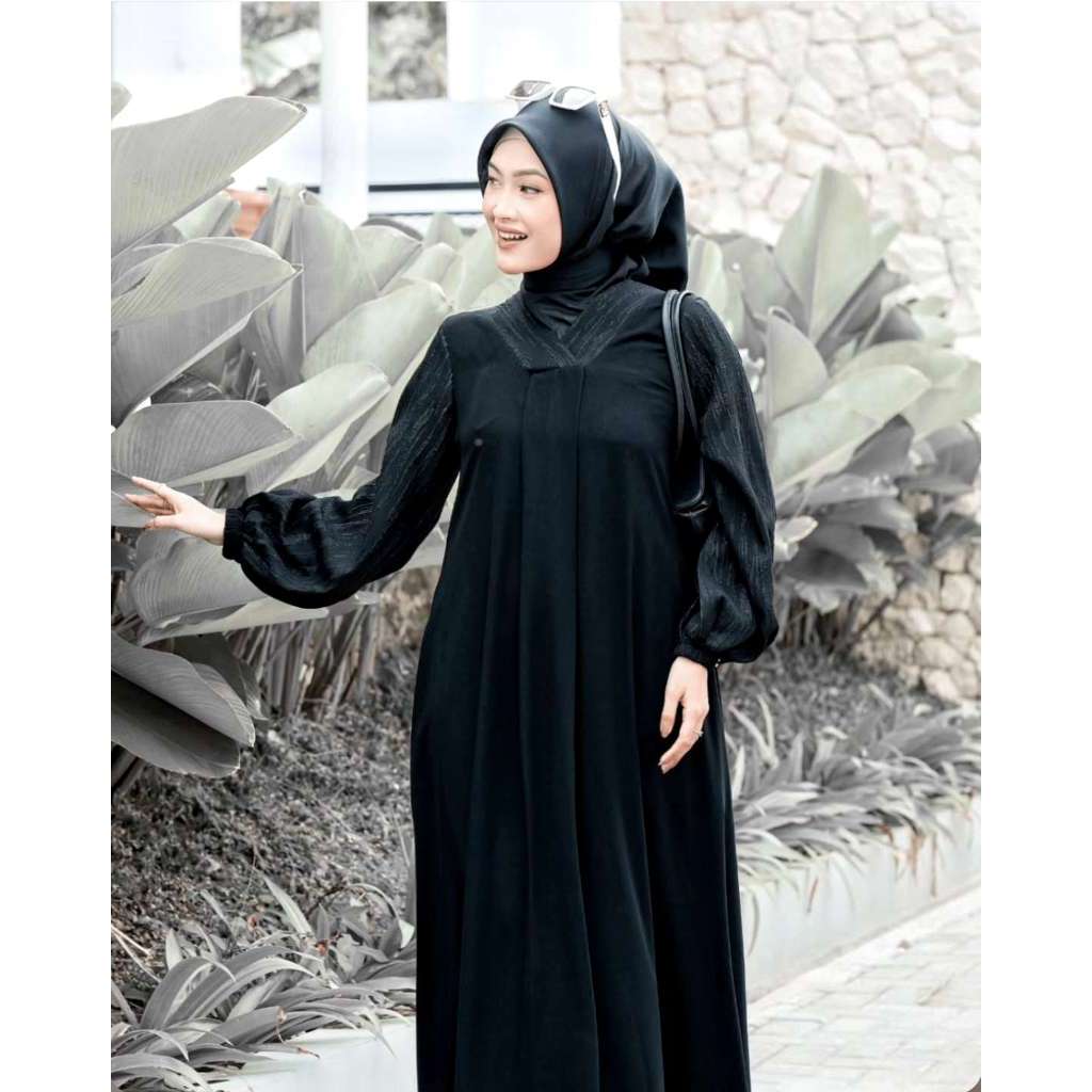 Gamis Abaya Luxury by DNL corak tangan list tekstur bordir premium jetblack wenwencollections muslim