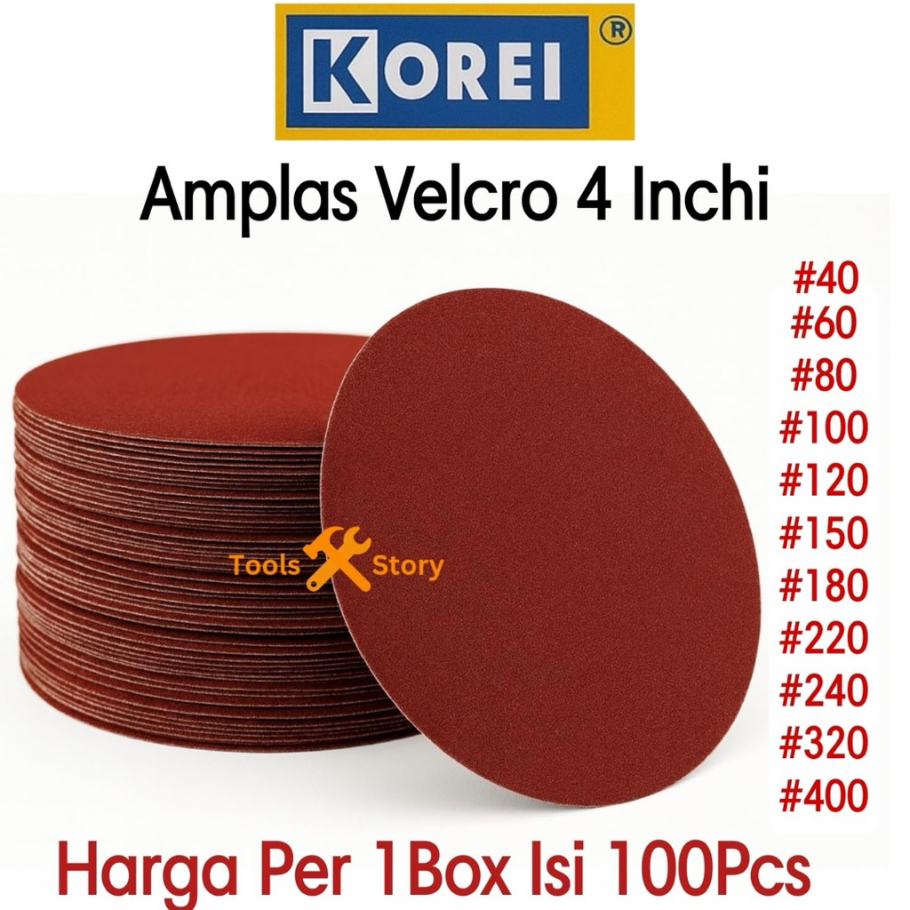 KOREI GROSIR 1Box Isi 100pcs Amplas Bulat Velcro 4” Inchi Inch Grit 40 80 100 120 150 180 220 240 32