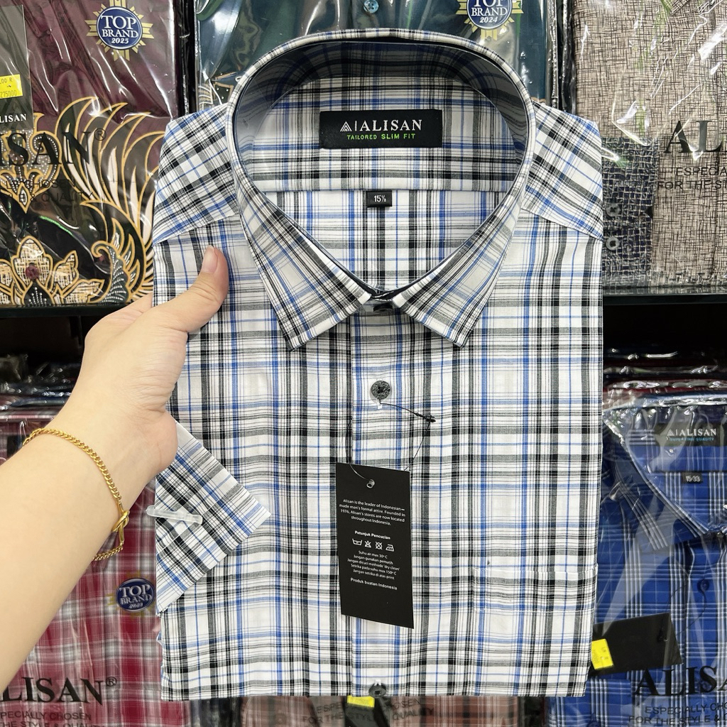 Kemeja Alisan Motif Pria lengan pendek Slim fit ukuran 14,5 , 15 , 15,5 dan 16 / Kemeja Pria / Pakai