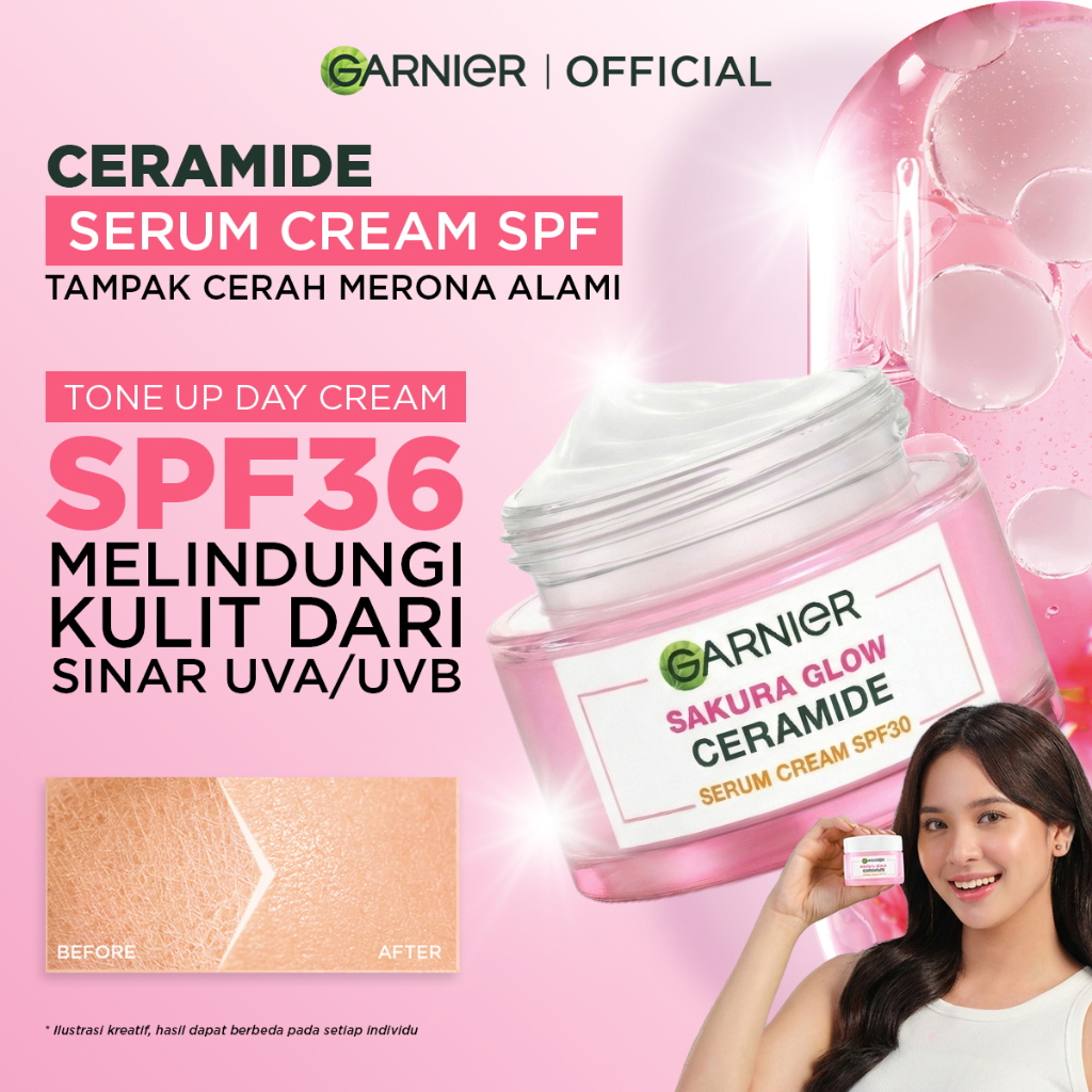 GARNIER Sakura Glow Ceramide Skin Barrier Tone Up Day Cream SPF 30 PA +++ 50 ml Cerah Merona Hydrati