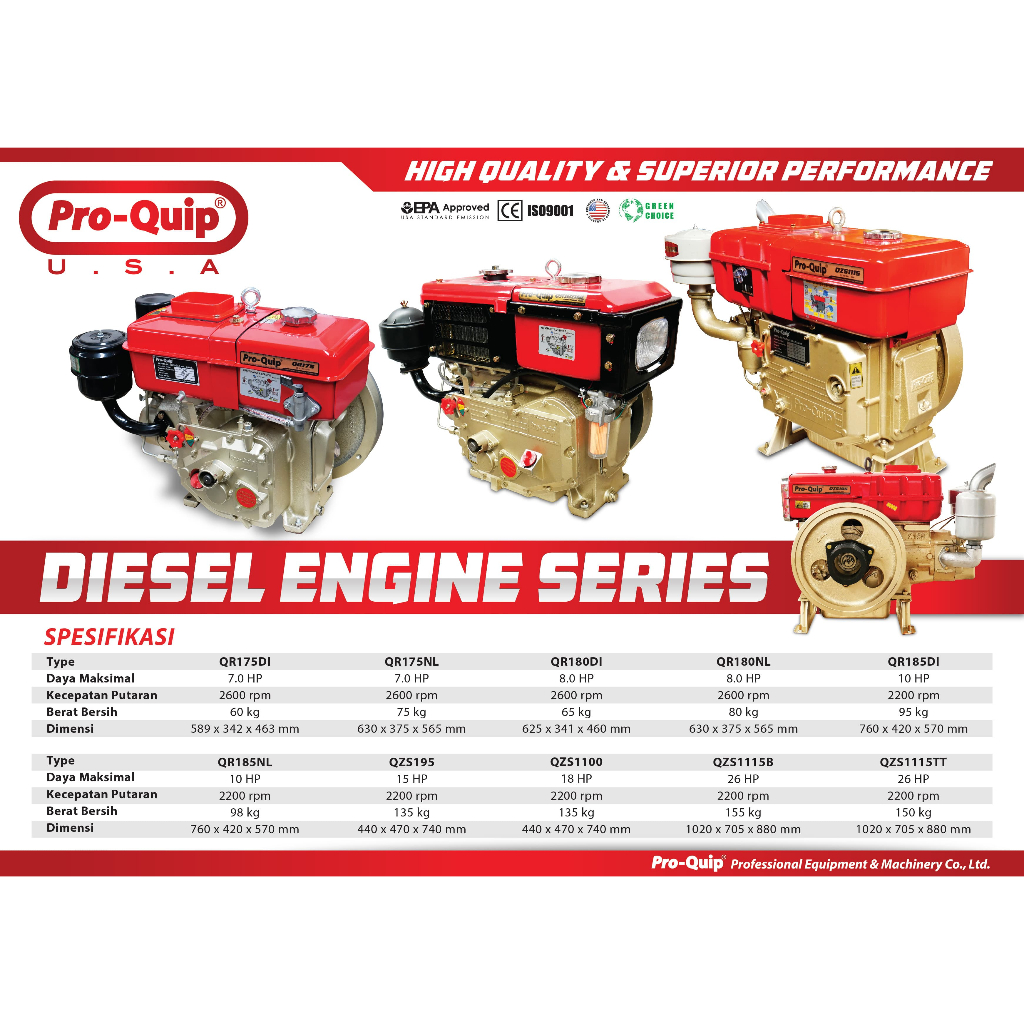 PROQUIP QZS 1100 Mesin Diesel 18 PK / Radiator Lampu 18.0 HP / Engine Penggerak Mesin Solar