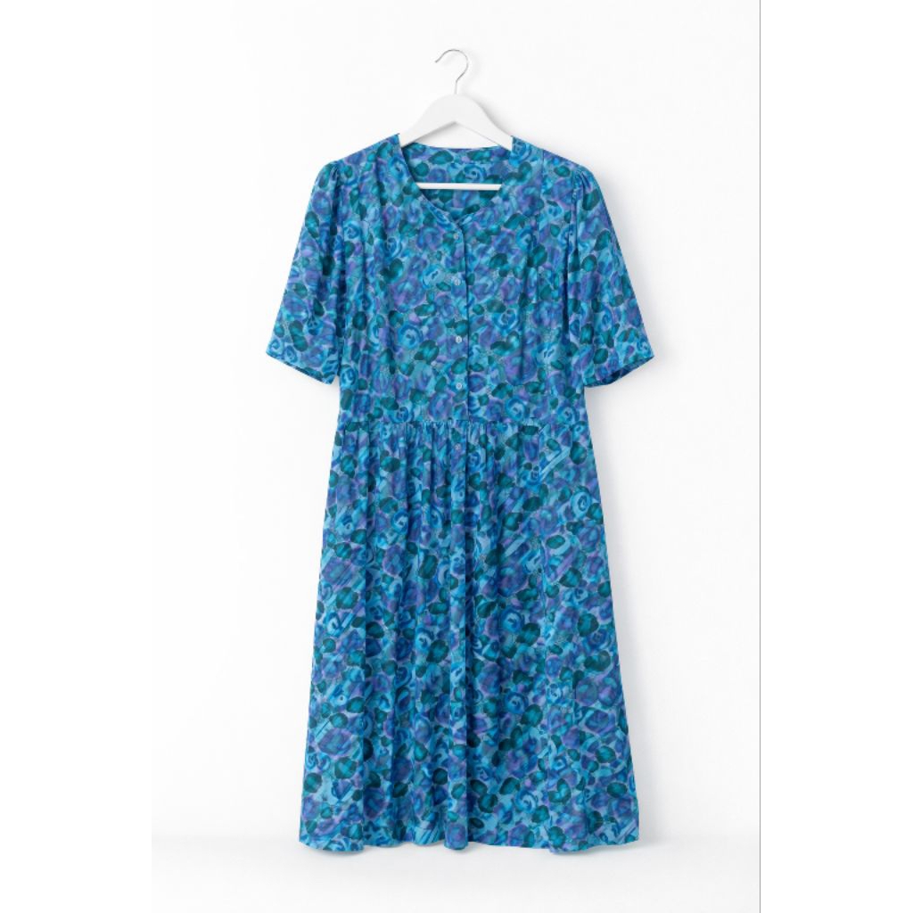 Dress Wanita Motif Biru Tosca | Dress Casual Wanita Murah | Dress Santai Kekinian Lengan Pendek