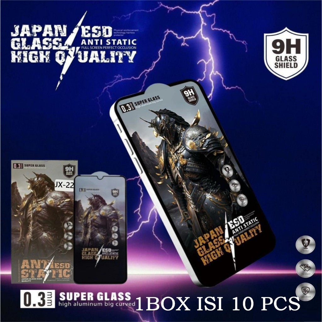 1BOX ISI 10 PCS Tempered Glass Full Screen JX-22 Persamaan Universal Anti Static ESD Japan High Qual