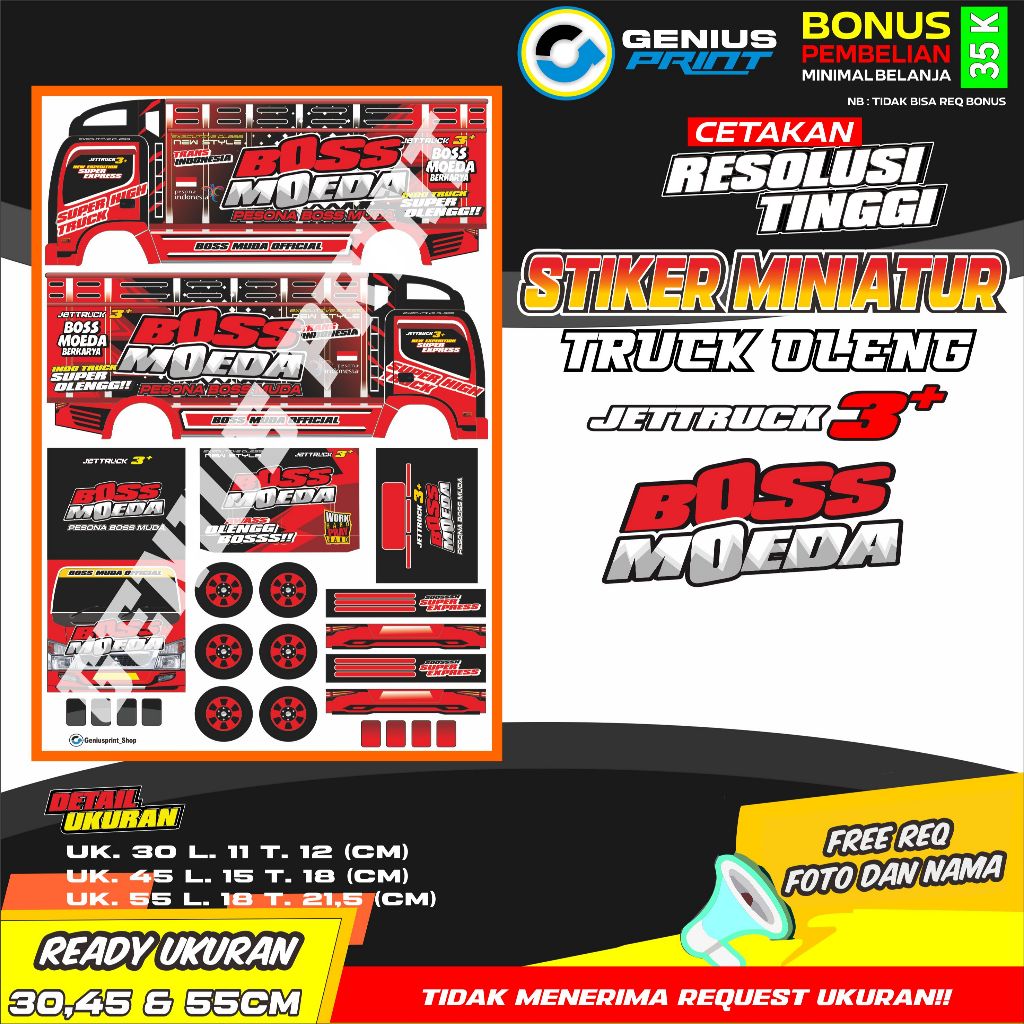 Stiker Mainan Miniatur Truk Oleng Motif HM Lombok | Boss Moeda | Boss Executive | Hasil Laut Ukuran 