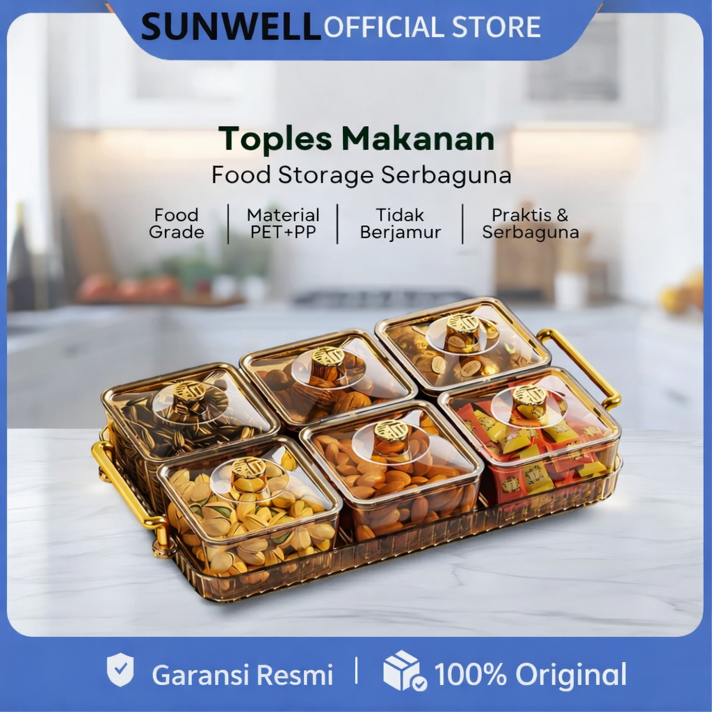 [SPESIAL LEBARAN] SUNWELL Toples Kue Lebaran 6 Sekat dengan Tray Snack Box Transparan Food Grade Wad