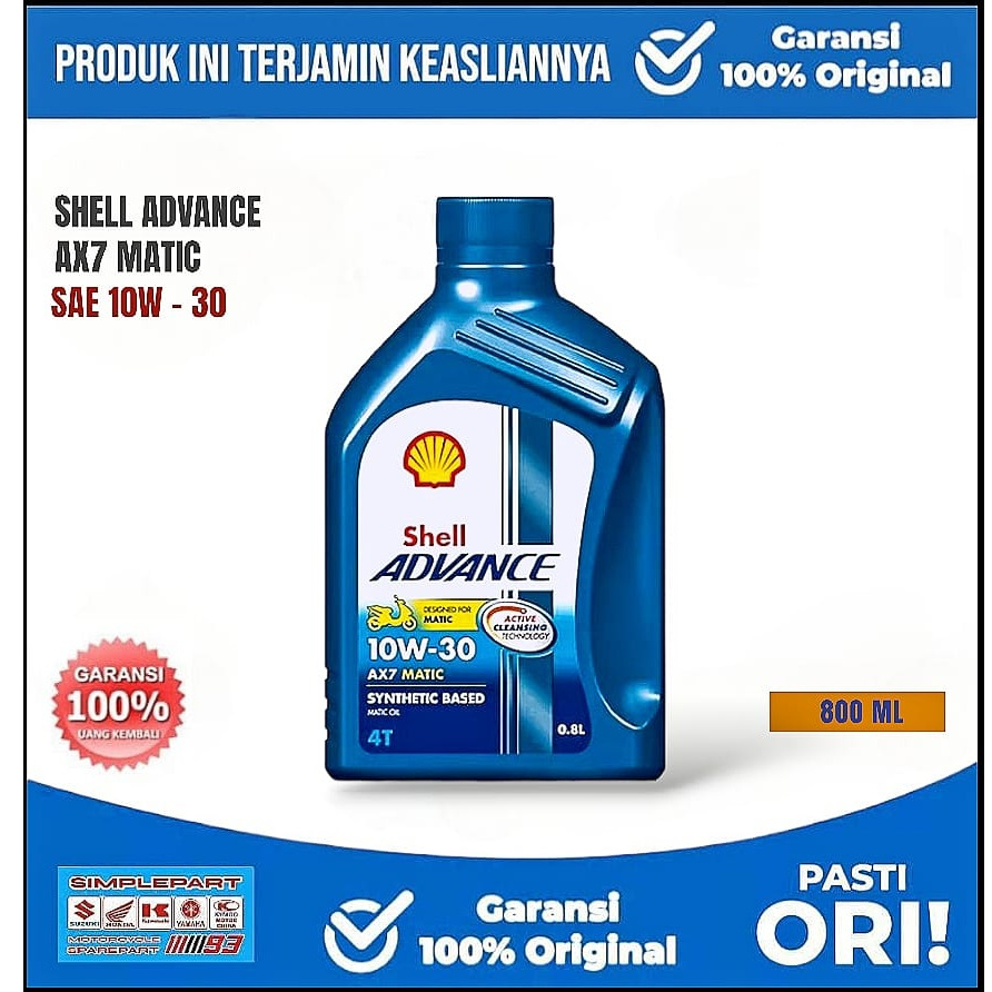 Oli Mesin 100% Original SHELL ADVANCE SCOOTER AX7 MATIC 10W-30 4T 0,8L 800ml Mesin Sepeda Motor ALL 