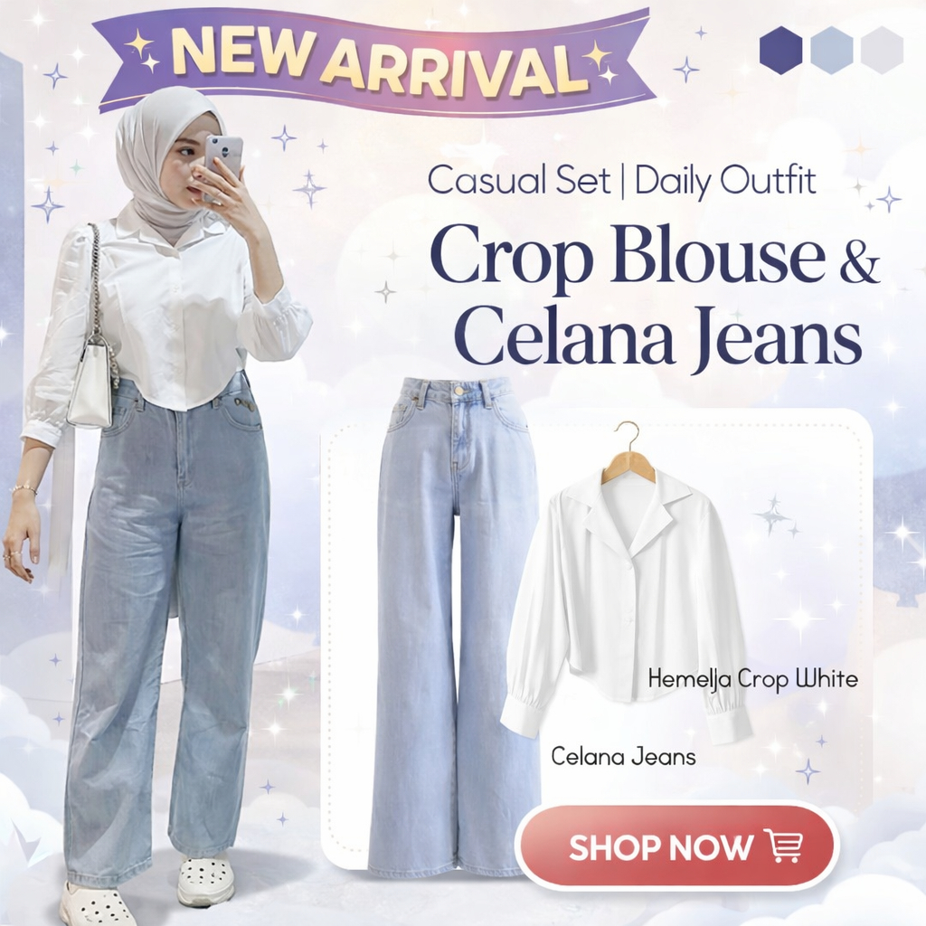 Jeans Set Wanita Korean Style ( Celana Jeans + Kemeja Crop ) OOTD Setelan Wanita Kekinian - AR14