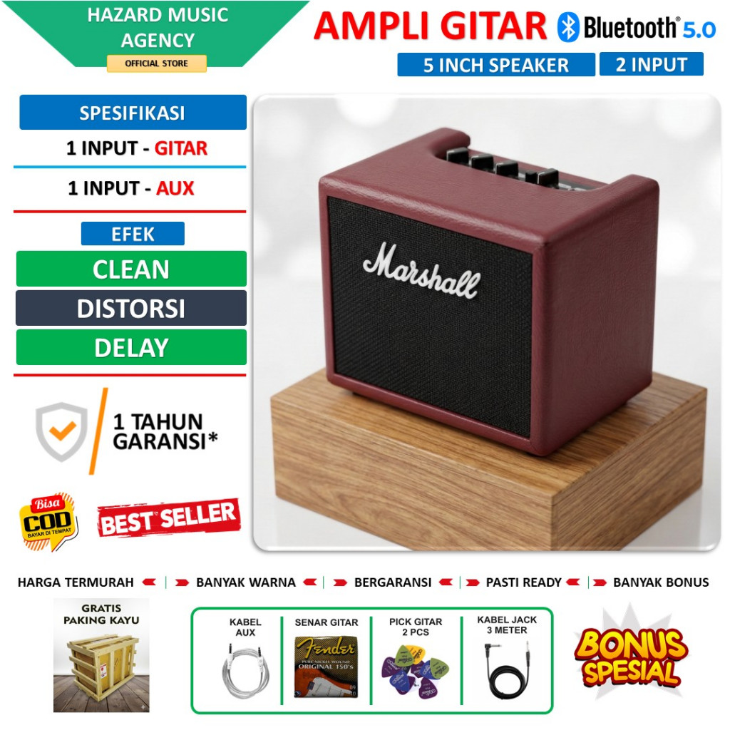 NEW ampli gitar dan bass 5 inch bluetooth 2 Input marshall plus efek distorsi & aux bergaransi