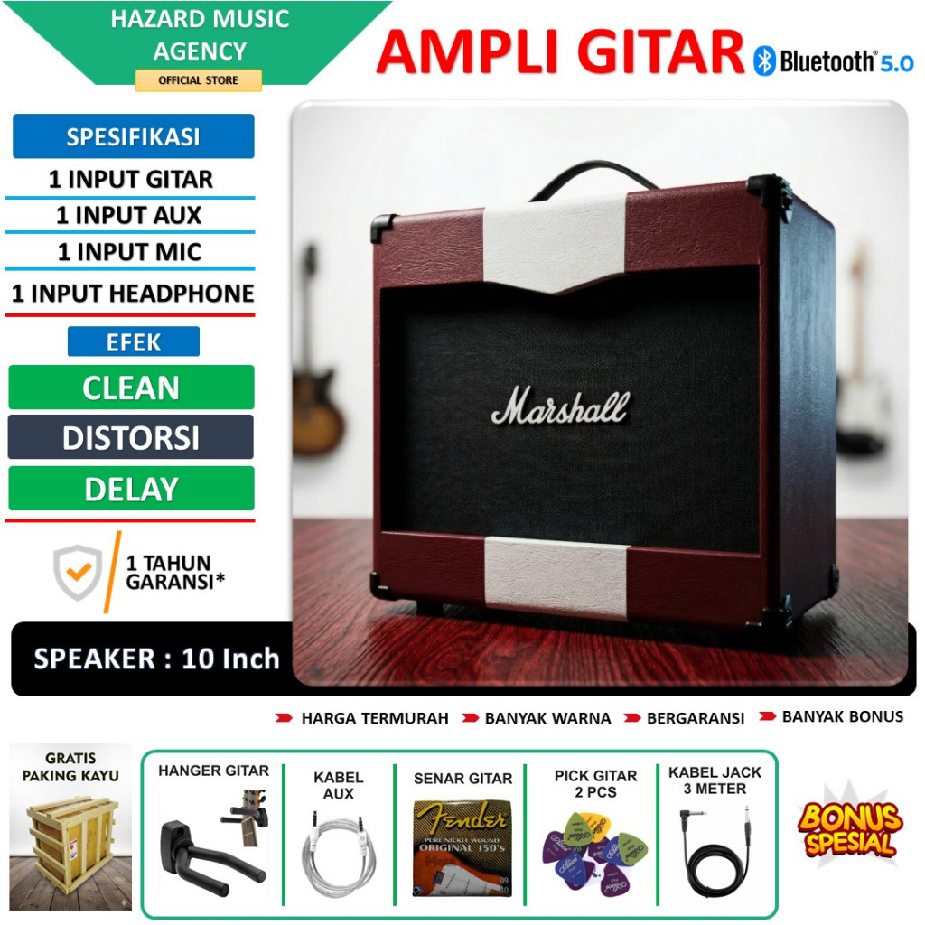 Ampli gitar & bass 10 Inch 3 input bluetooth bisa untuk karaoke efek distorsi delay termurah Merah
