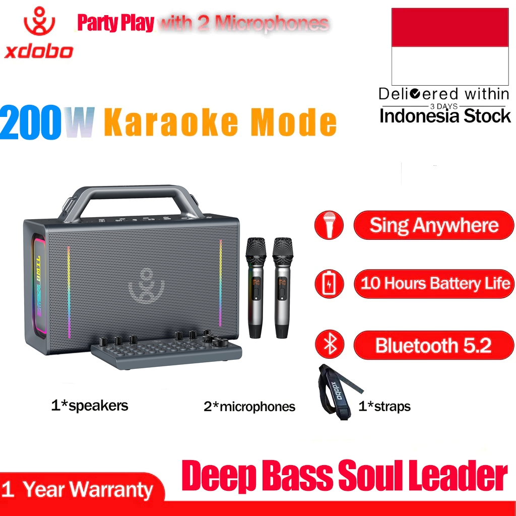 XDOBO Party Play Speaker Karaoke Outdoor RGB Bluetooth 5.3 200W Super Bass 2 Wireless UHF Microphone