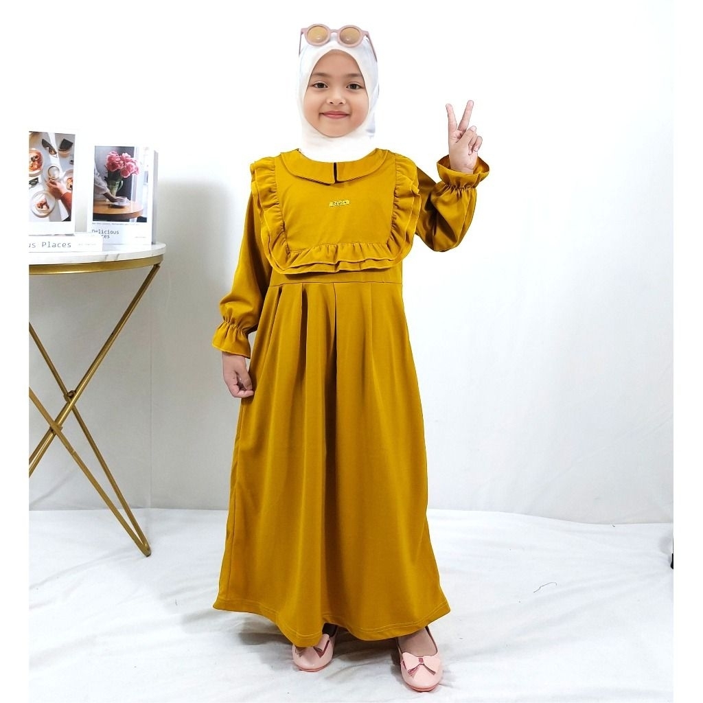 ALEA - Gamis Dress rempel depan Anak Perempuan / dress Ruffle rampel Polos warna hitam putih black w