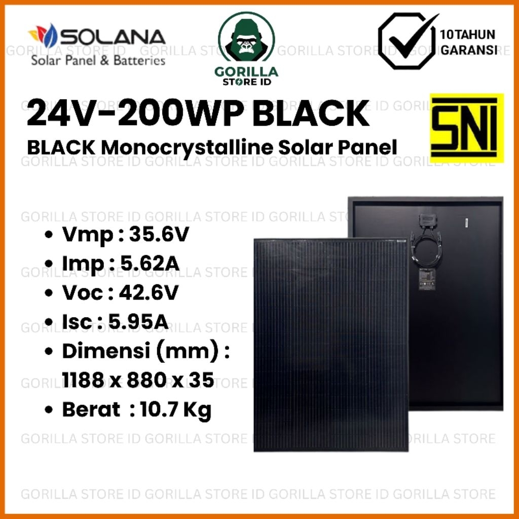 SOLAR PANEL 24V 200WP SOLANA SOLAR CELL MONOCRYSTALLINE BLACK