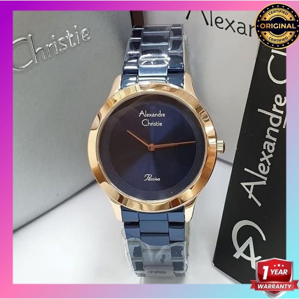 ORIGINAL GARANSI RESMI JAM TANGAN WANITA ALEXANDRE CHRISTIE BLUE ROSEGOLD RANTAI STAINLESS STEEL ARL
