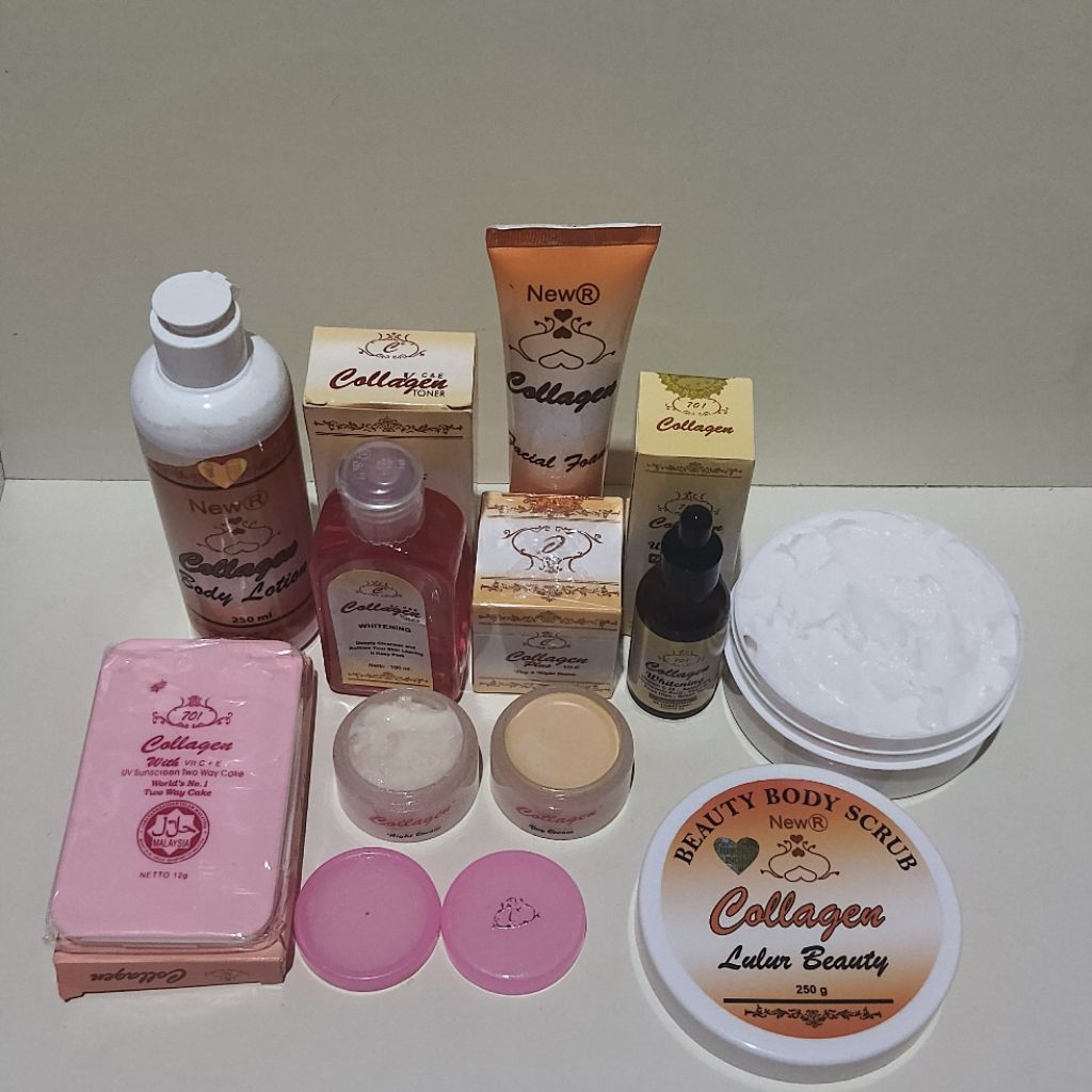 Terlengkap paket collagen 8in1 [ cream serum 30ml toner bedak lotion facial foam lulur ]