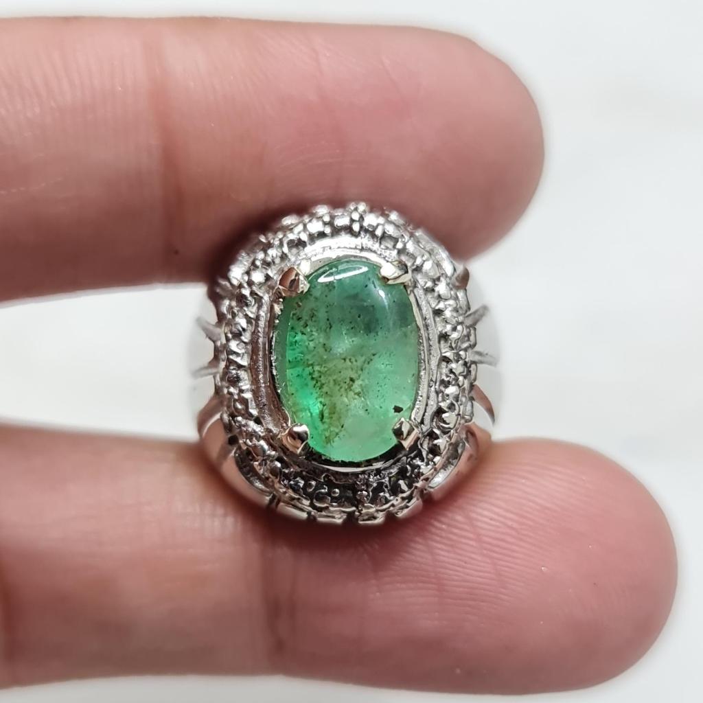 Natural 2.75 CT Zambian Emerald Alpaca Mixed Metal Mens Ring