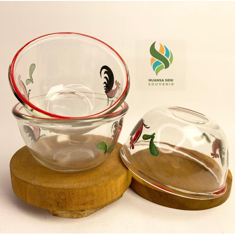 Souvenir Mangkuk Sambal Kaca BIB4B Ayam Jago Mangkok Kobokan Kaca Motif Ayam Bening Polos 6 pcs