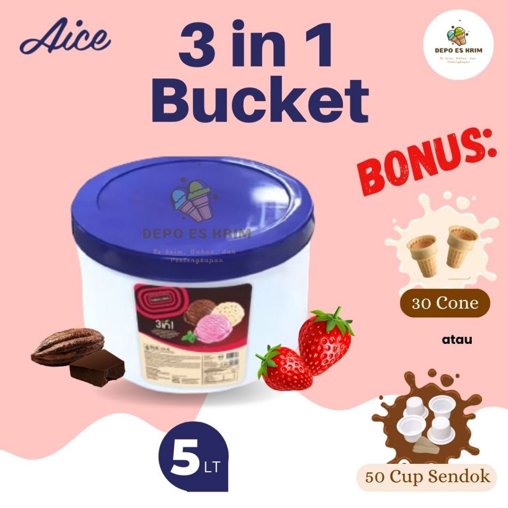 Es Krim AICE HALOCOKO Bucket 5 liter 3 in 1 Neapolitan Vanilla Coklat Strawberry Gratis Cone / Cup R