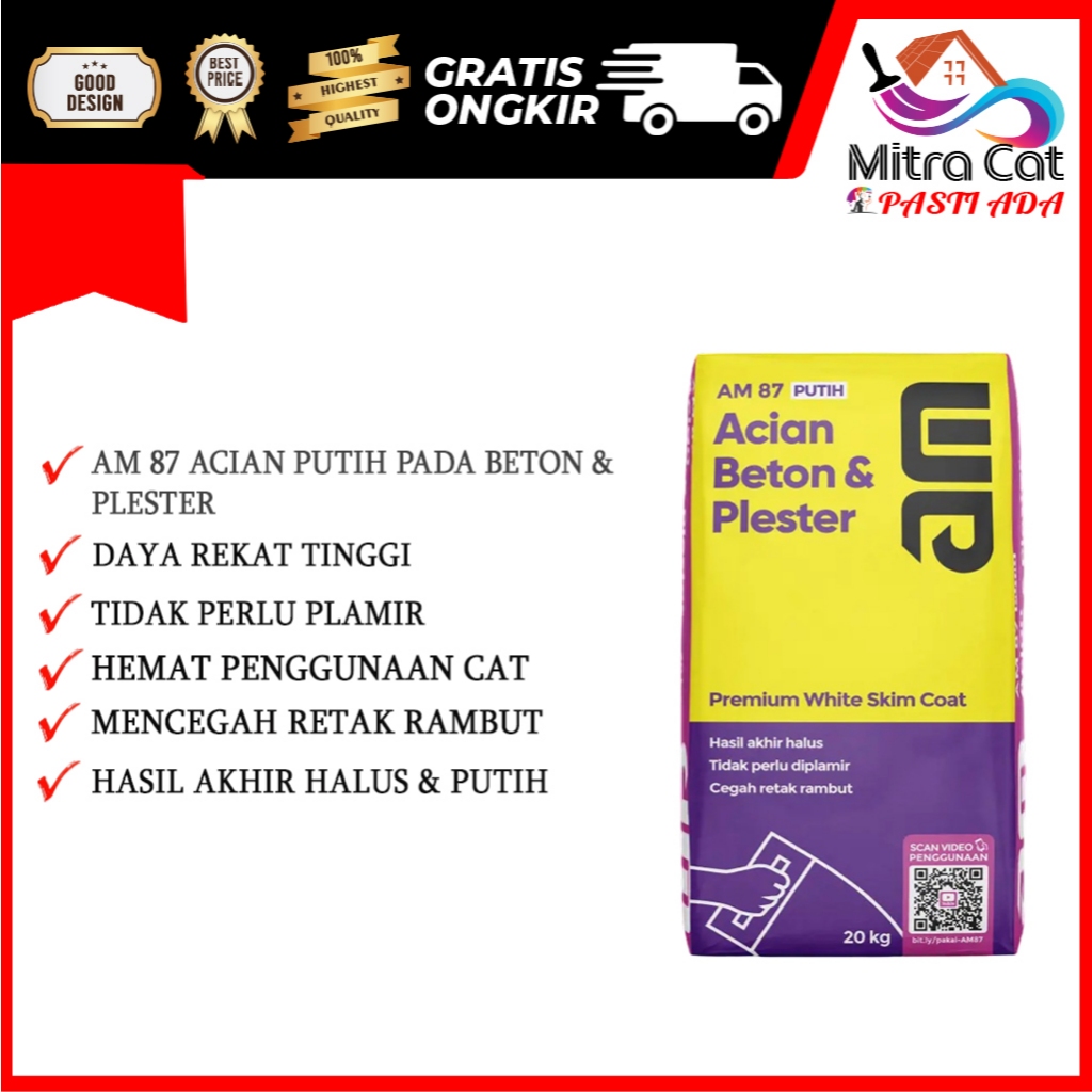 AM 87 PREMIUM SKIM COAT Acian di atas Beton Dan Plester 20 Kg Putih