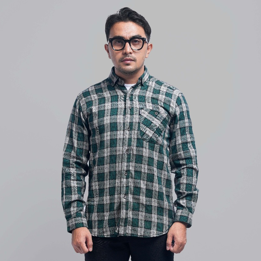 DGM Kemeja Flanel Pria Lengan Panjang Hitam Kotak Navy Garis Kuning Kemeja Pria Flanel Pria Kemeja P