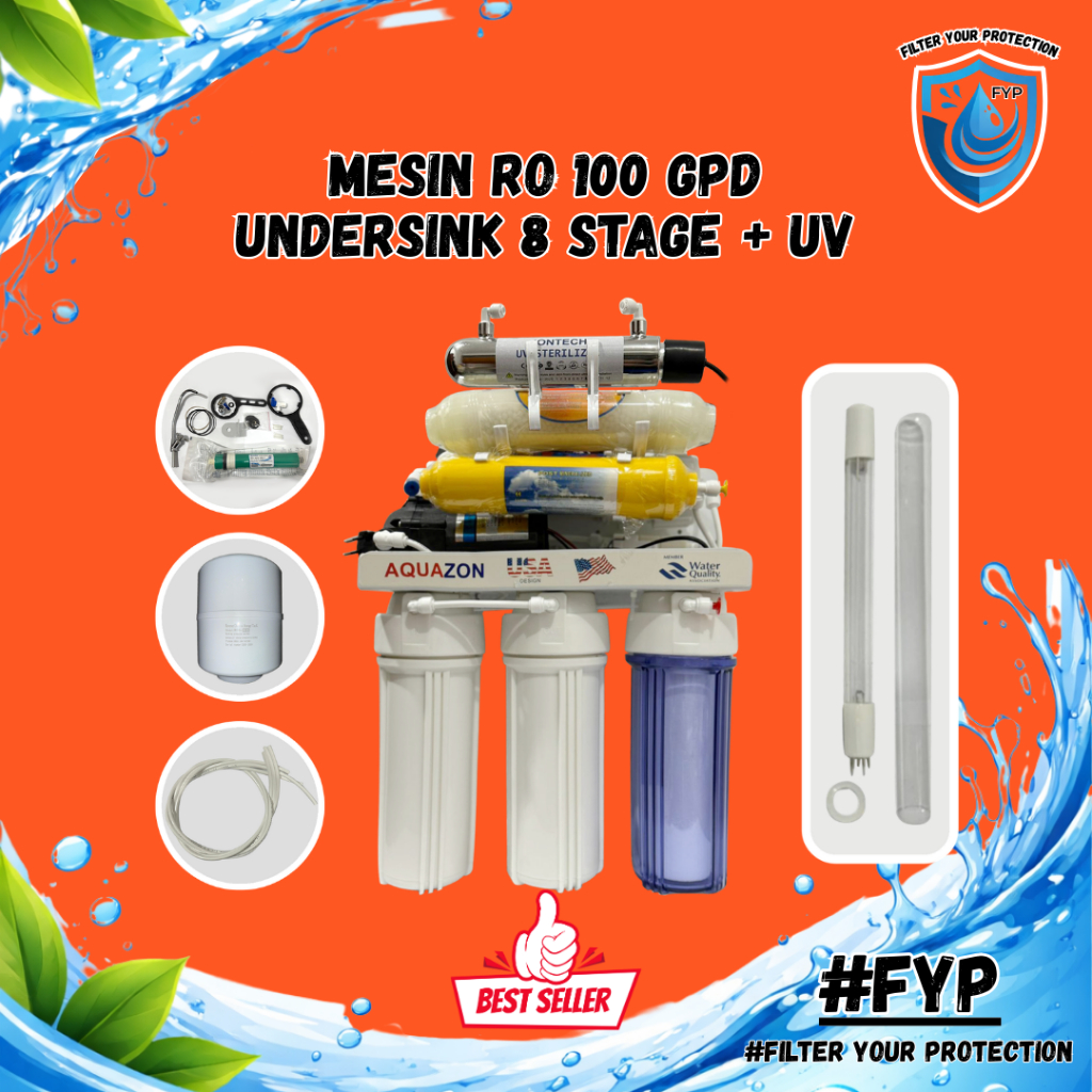 Mesin RO 100 GPD AQUAZON 8 Tahap + UV Filter Air Minum Rumah Tangga Undersink
