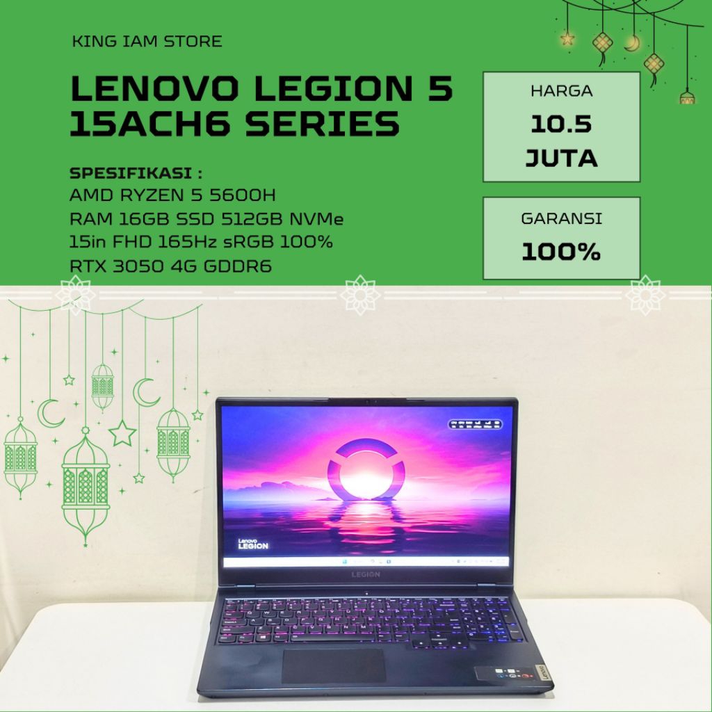 LAPTOP GAMING LENOVO LEGION 5 15ACH6 RYZEN 5 5600H RTX 3050 RAM 16GB LAYAR 165Hz