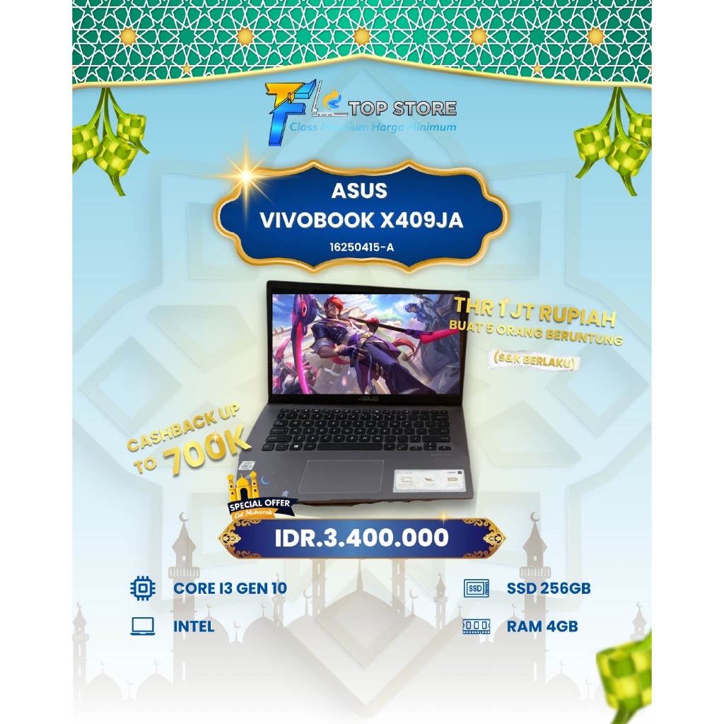 LAPTOP ASUS VIVOBOOK X409JA INTEL CORE I3 GEN 10 RAM 4/256GB