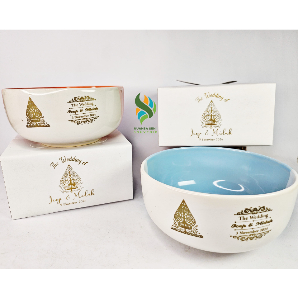 Souvenir Mangkok Pernikahan Mangkuk Saji Two Tone Jumbo Mangkok Sop Keramik Warna Sablon Kemas Box