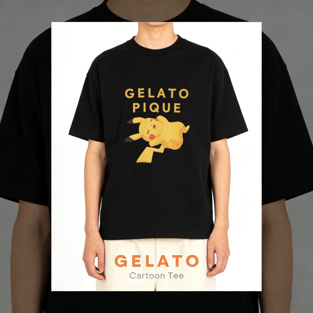 Gelato Pique Official Store Kaos oblong dengan motif kartun Pokemon Pikachu, Kaos Unisex, Kaos Distr