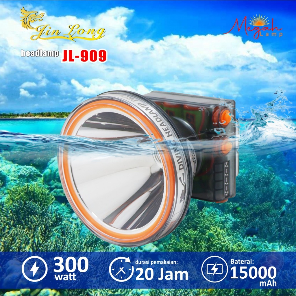 Senter Kepala Selam Waterproof Jinlong JL 909 500watt ABS Premium LED Laser Super Terang Recharge Ad